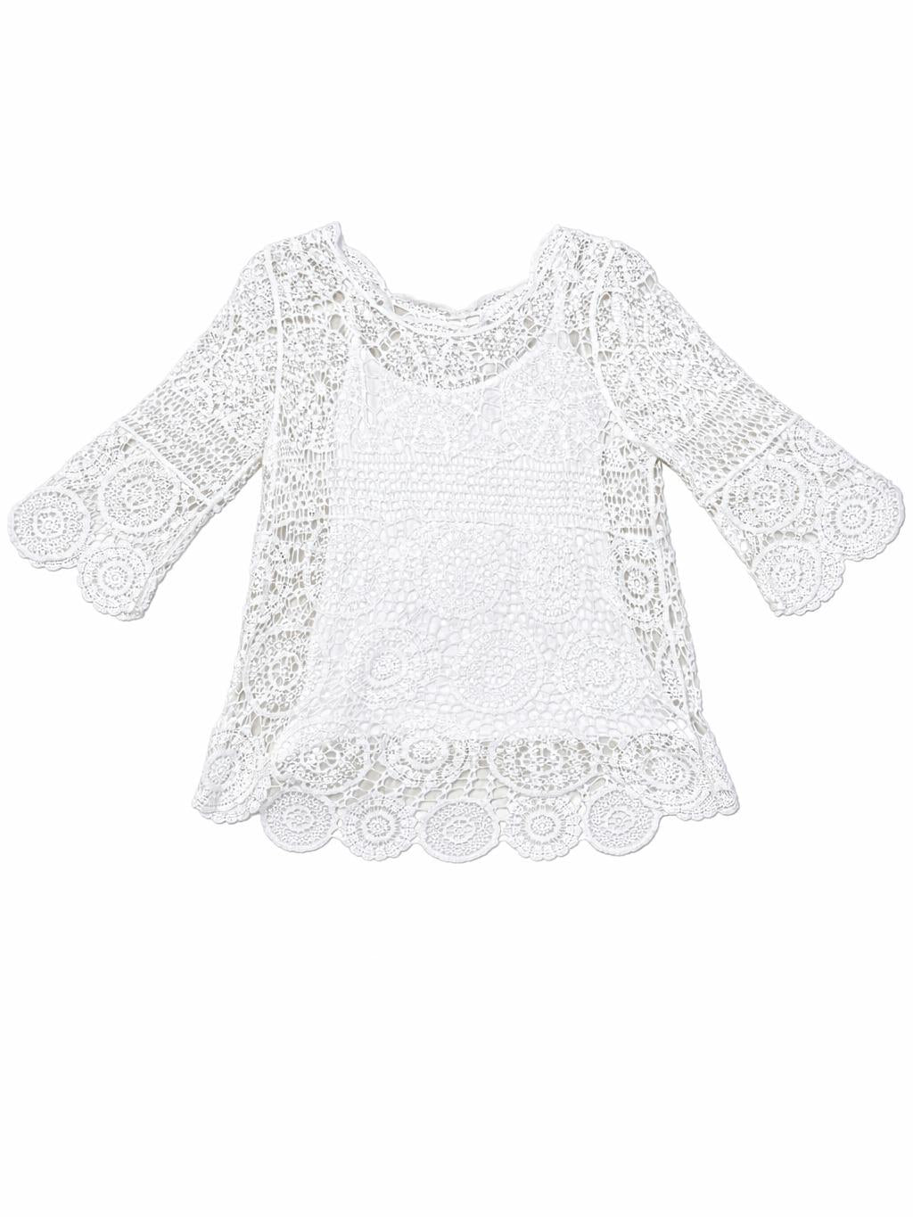 YULVET Blusa de encaje crochet floral con manga francesa acampanada y bajo ondulado en acabado calado elegante