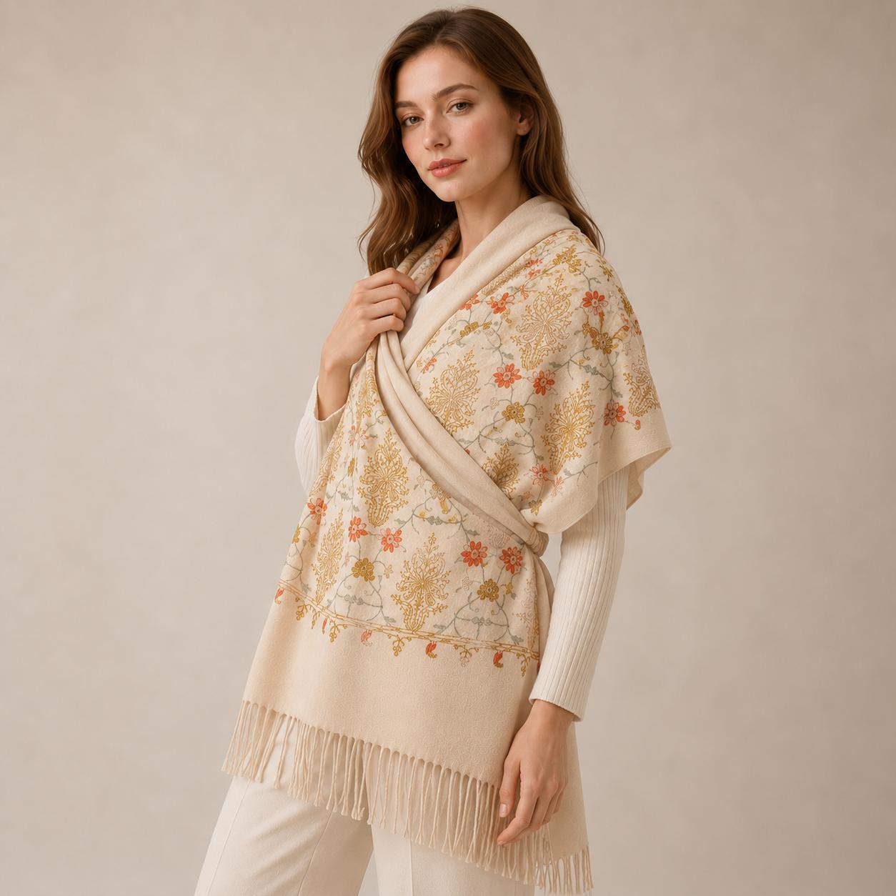 YULVET Bufanda de punto suave con estampado ornamental tipo jacquard, acabado elegante con flecos y diseño versátil para otoño e invierno