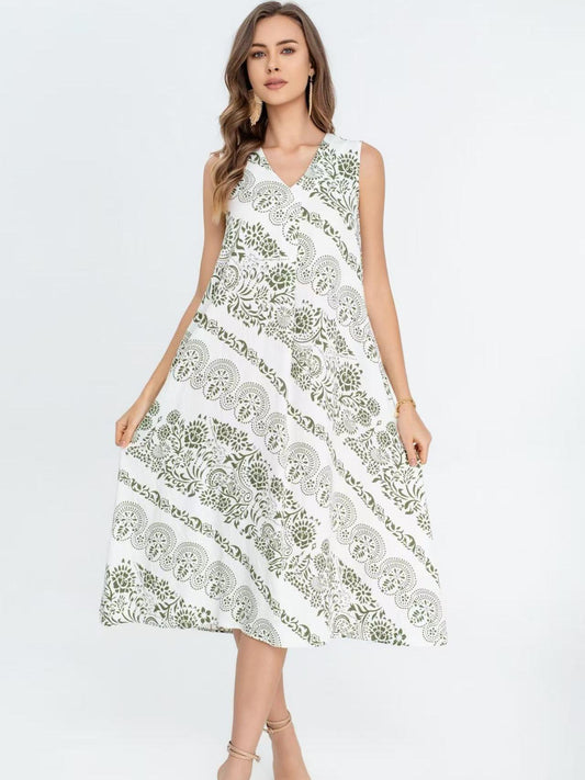 Vestido  estampado  estilo boho con escote en V, corte fluido y tejido ligero ideal para verano, diseño cómodo y elegante perfecto para looks casuales o vacaciones