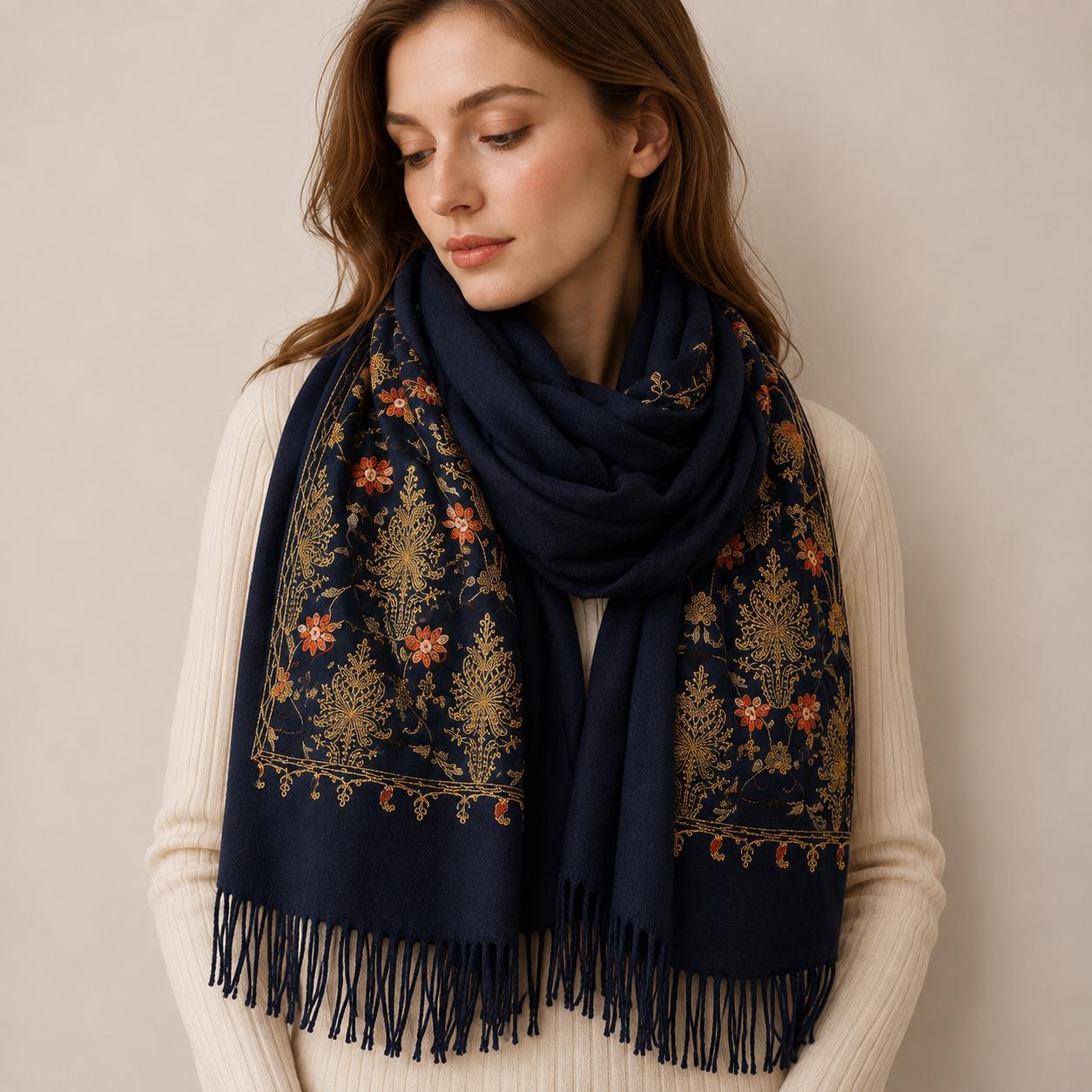 YULVET Bufanda de punto suave con estampado ornamental tipo jacquard, acabado elegante con flecos y diseño versátil para otoño e invierno