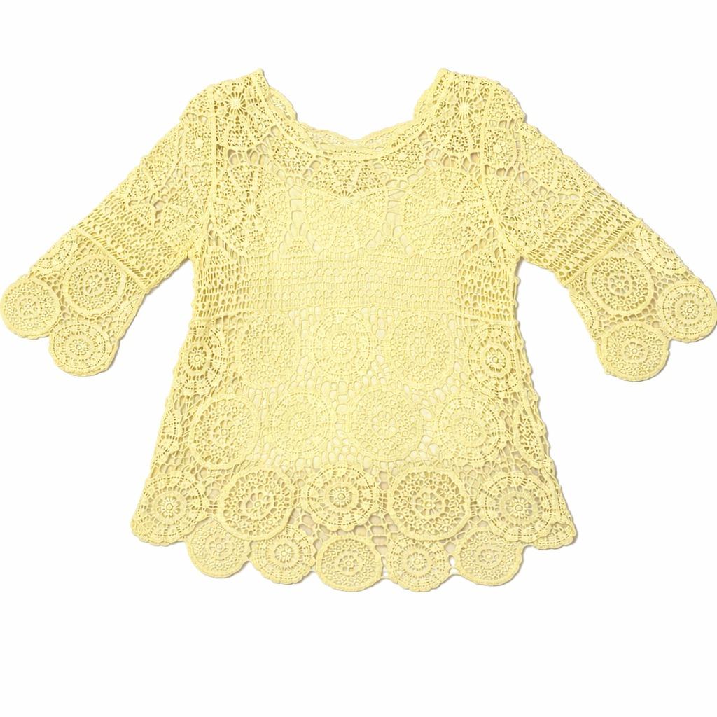 YULVET Blusa de encaje crochet floral con manga francesa acampanada y bajo ondulado en acabado calado elegante