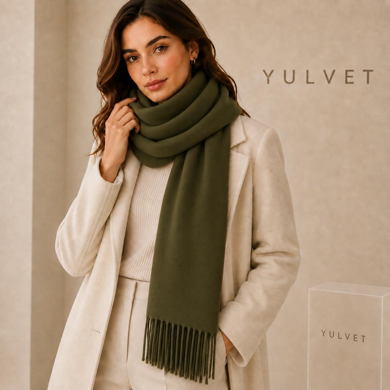 YULVET Bufanda grande para mujer de tacto suave con flecos, acabado liso y diseño elegante y versátil para uso diario, viajes y ocasiones especiales