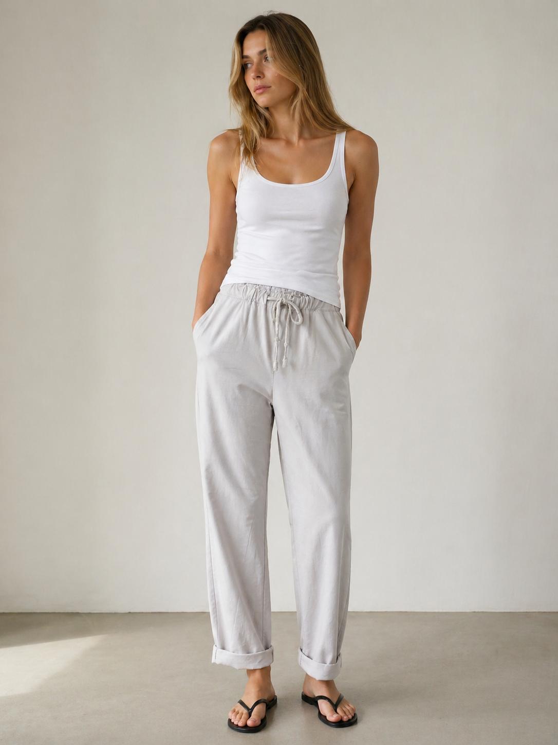 YULVET Pantalón de Algodón Corte Relajado con Cintura Elástica y Cordón Ajustable para Uso Diario con Bolsillos Laterales