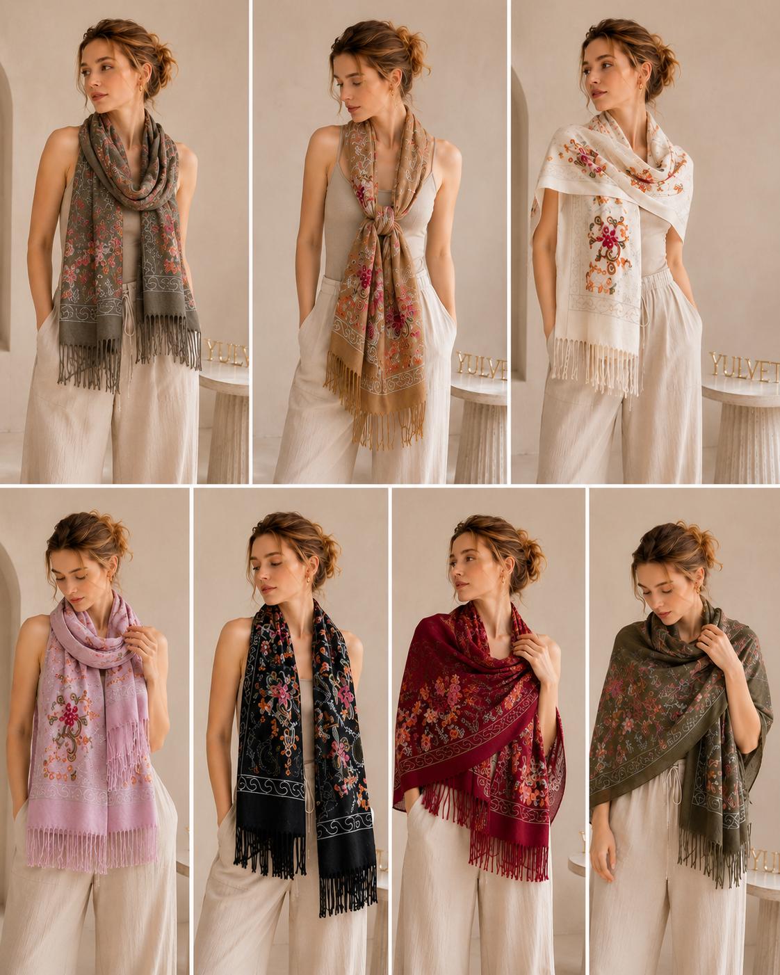 YULVET Bufanda Bordada de Mujer con Flecos, Estampado Floral y Detalles Ornamentales, Tejido Suave y Elegante para Otoño e Invierno