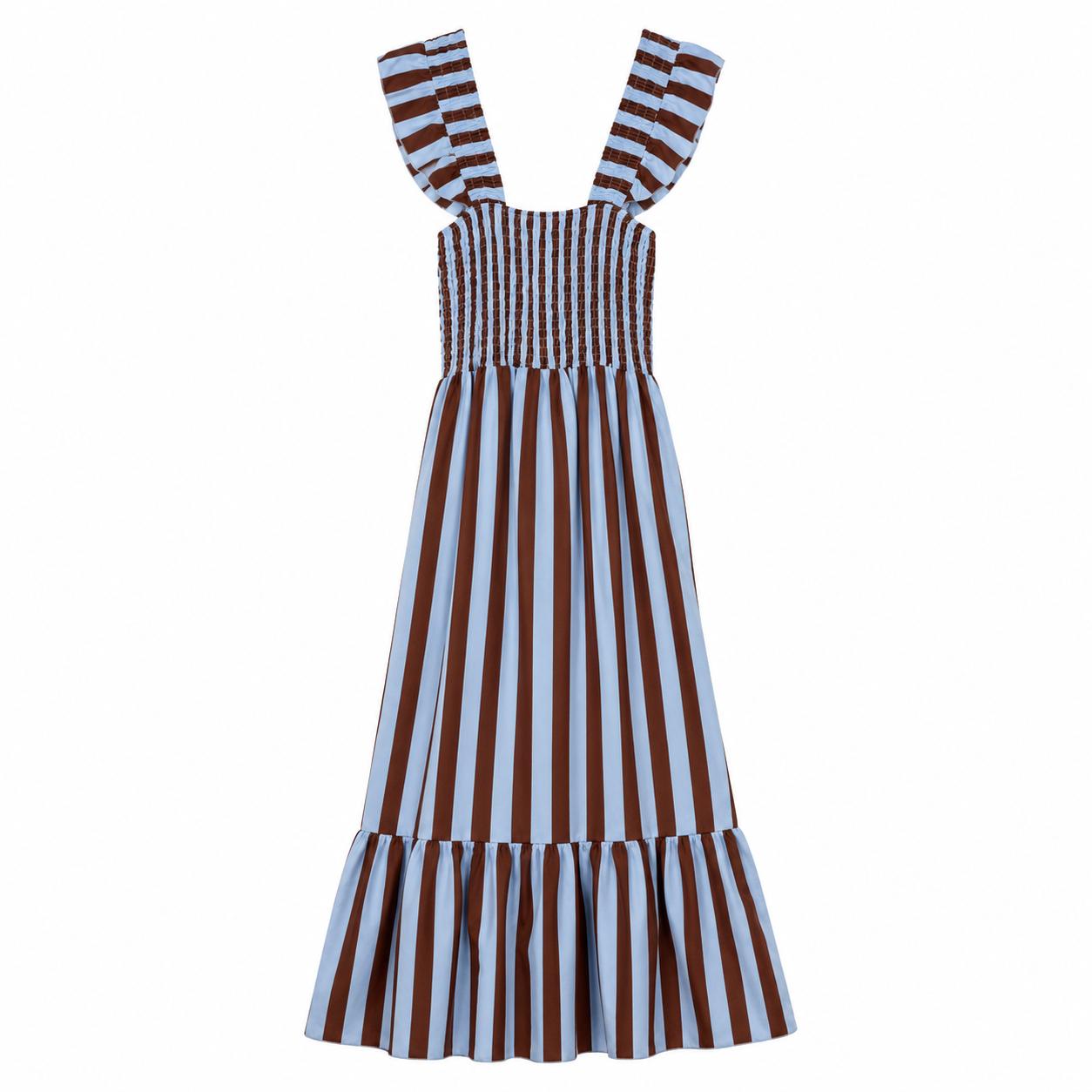 YULVET Vestido largo de tirantes con volante, cuerpo elástico fruncido y falda fluida con bajo amplio