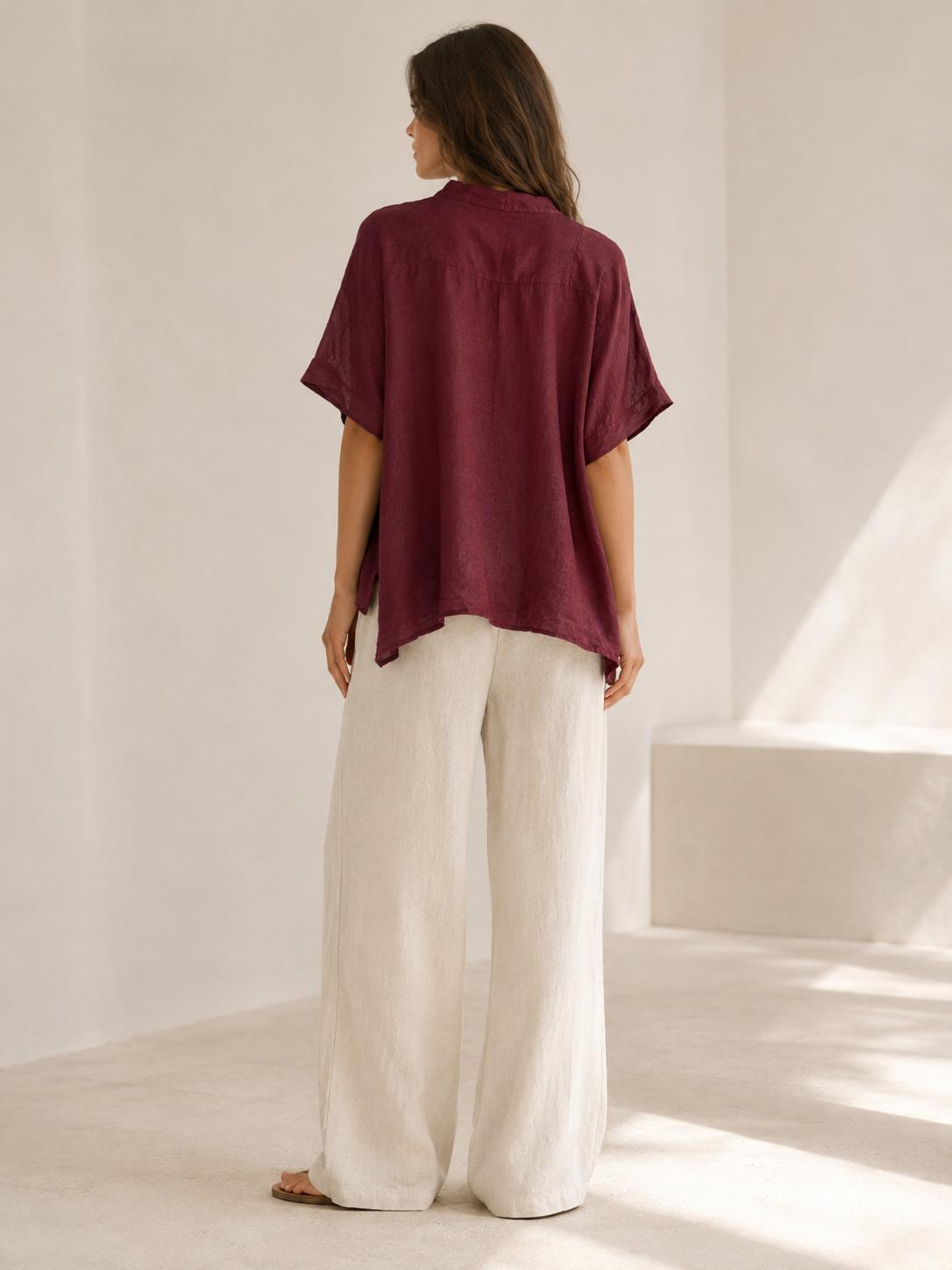 YULVET Blusa amplia de lino 100% con cuello mao, escote en pico y manga corta estilo oversize