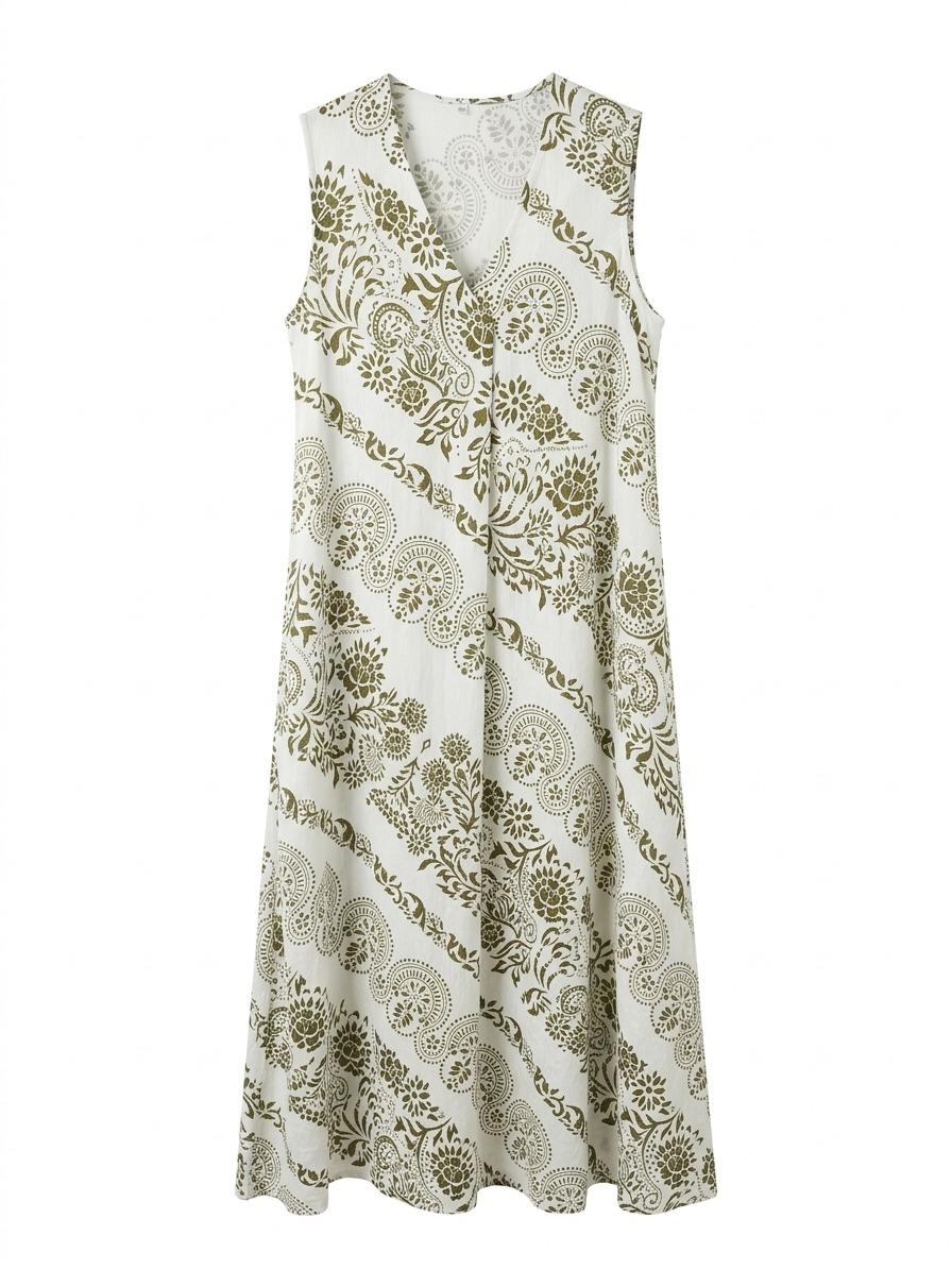 Vestido  estampado  estilo boho con escote en V, corte fluido y tejido ligero ideal para verano, diseño cómodo y elegante perfecto para looks casuales o vacaciones