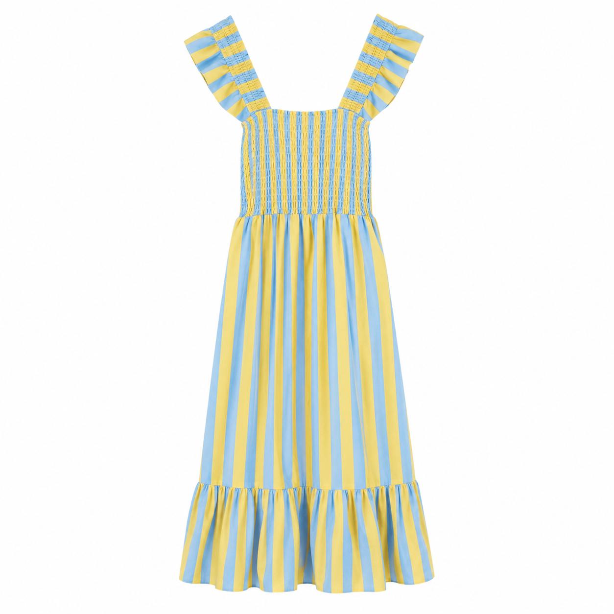 YULVET Vestido largo de tirantes con volante, cuerpo elástico fruncido y falda fluida con bajo amplio