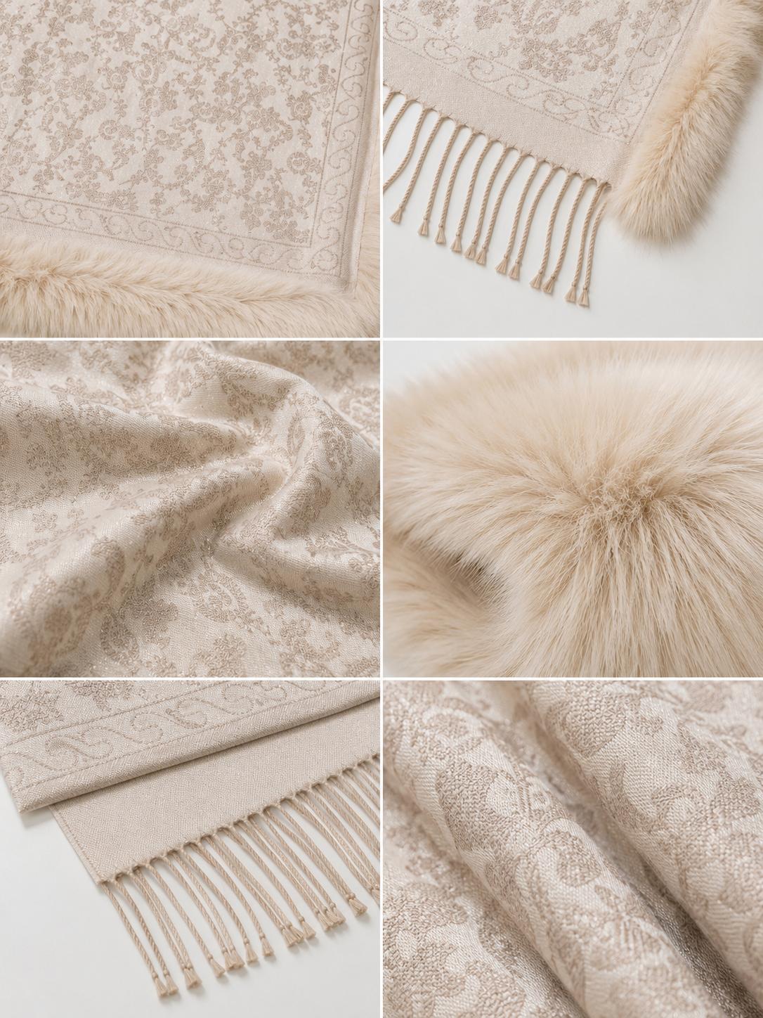 YULVET Chal con cuello de pelo sintético de gran volumen, tejido jacquard con acabado elegante, flecos decorativos y diseño envolvente para otoño e invierno