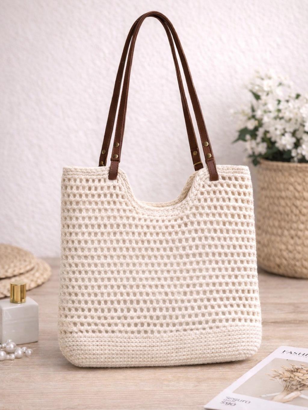 YULVET Bolso de Crochet de Algodón Elegante con Correa de Cuero Estilo Natural