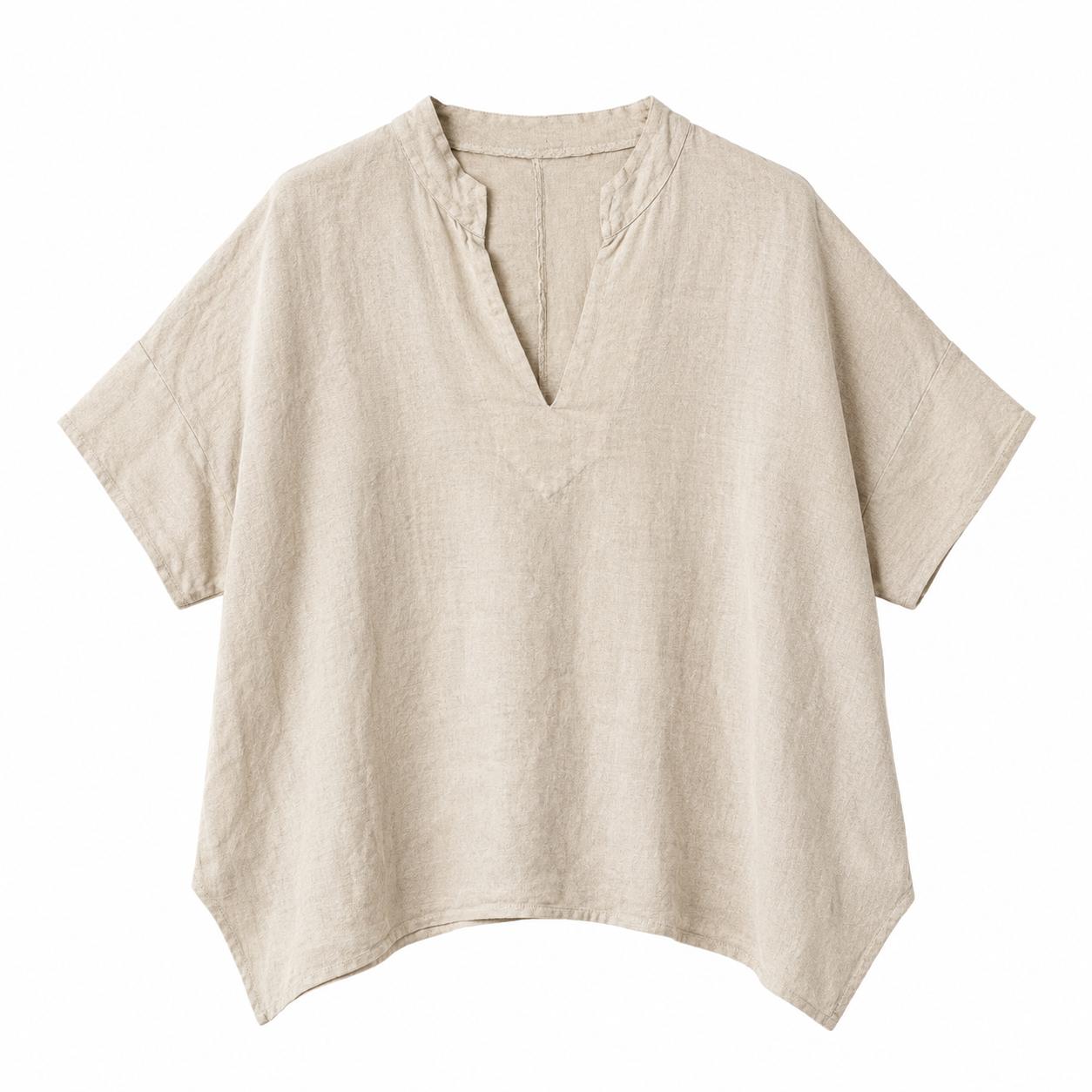 YULVET Blusa amplia de lino 100% con cuello mao, escote en pico y manga corta estilo oversize