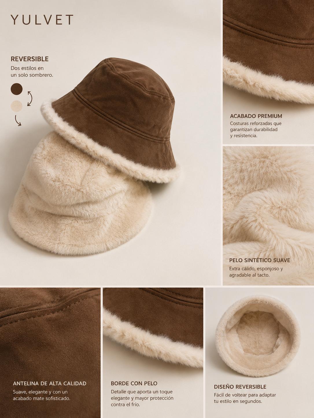 YULVET Sombrero Reversible de Mujer Tipo Bucket con Acabado Efecto Ante y Reverso de Pelo Suave, Gorro de Pescador de Copa Baja y Ala Caída para Otoño e Invierno
