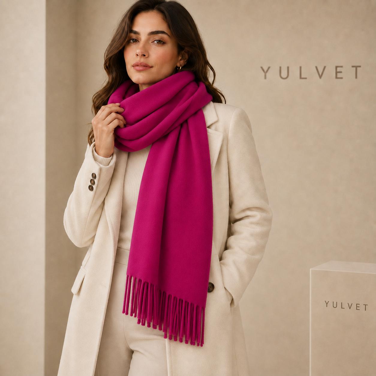 YULVET Bufanda grande para mujer de tacto suave con flecos, acabado liso y diseño elegante y versátil para uso diario, viajes y ocasiones especiales