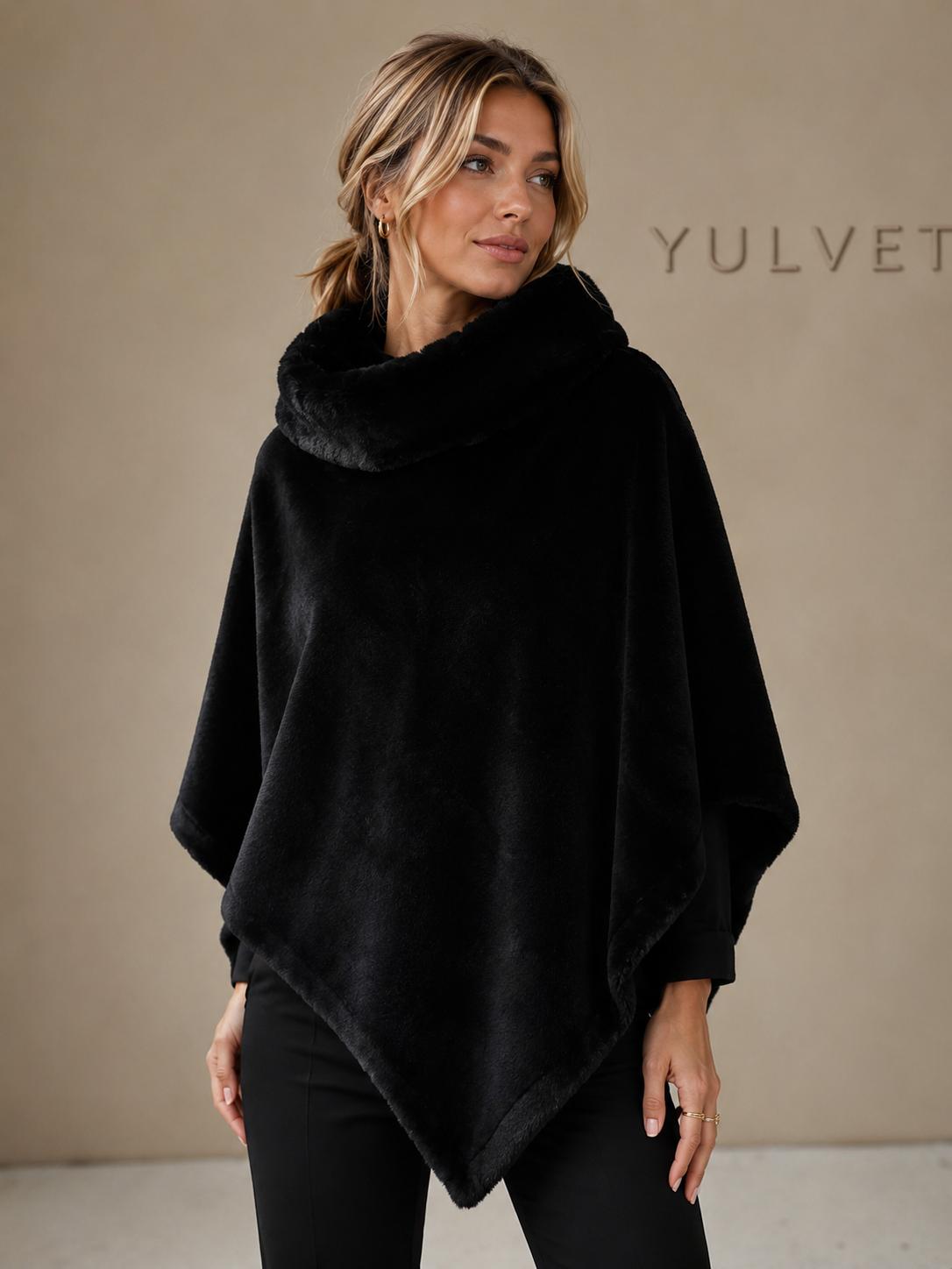 YULVET Poncho de Mujer con Cuello de Pelo Suave, Capa Elegante de Viscosa con Caída Fluida, Tacto Agradable y Diseño Versátil para Otoño e Invierno