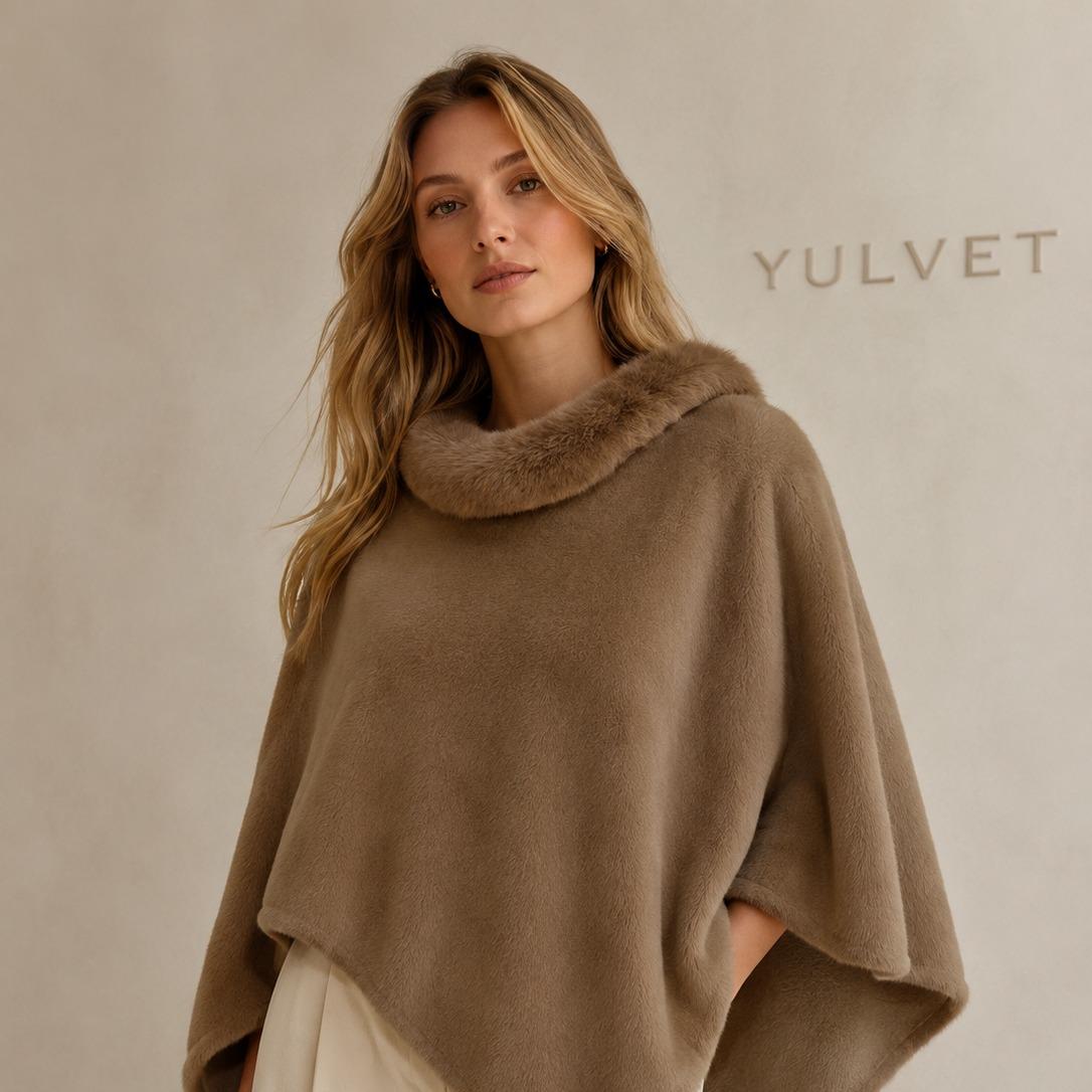YULVET Poncho de Mujer con Cuello de Pelo Suave, Capa Elegante de Viscosa con Caída Fluida, Tacto Agradable y Diseño Versátil para Otoño e Invierno