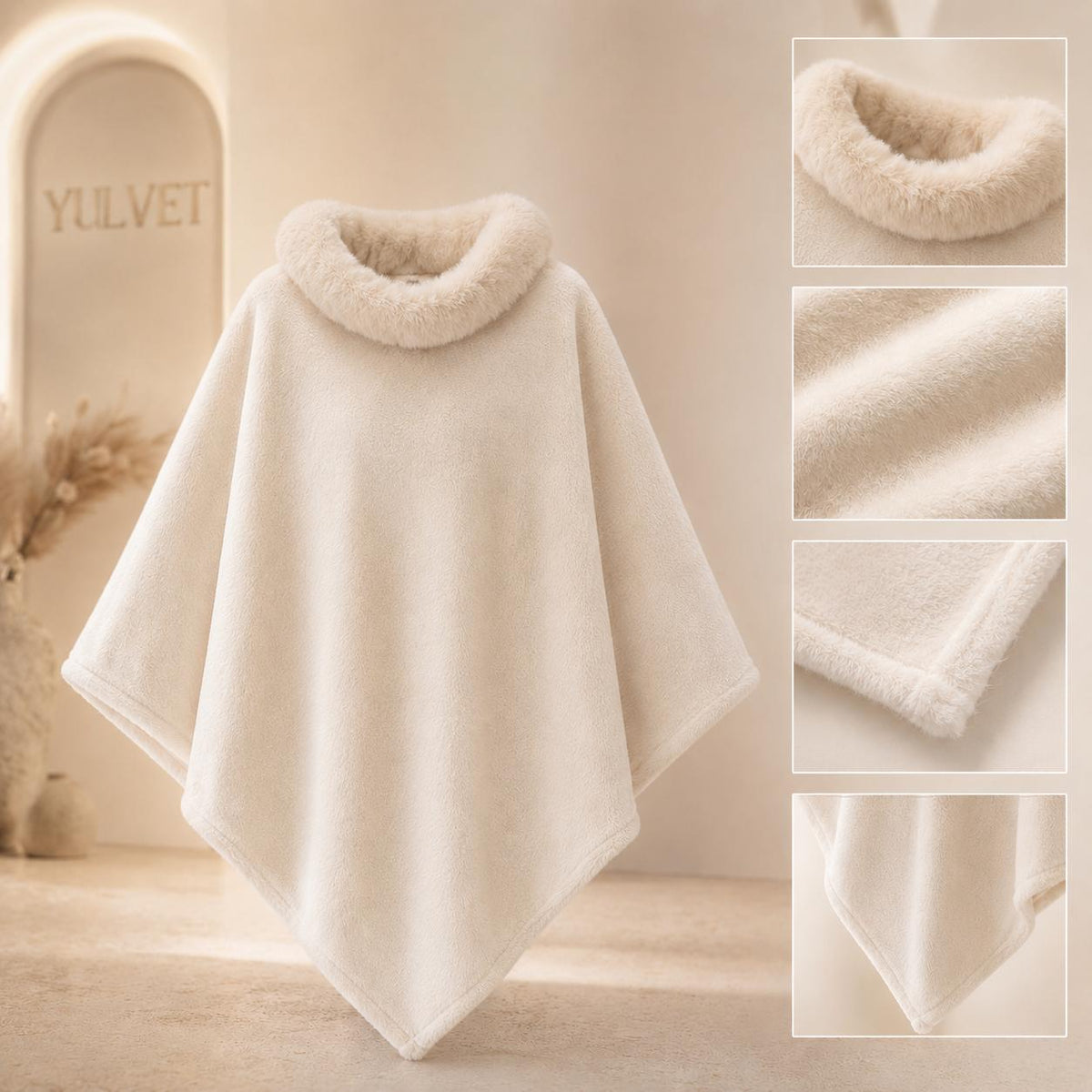 YULVET Poncho de Mujer con Cuello de Pelo Suave, Capa Elegante de Viscosa con Caída Fluida, Tacto Agradable y Diseño Versátil para Otoño e Invierno