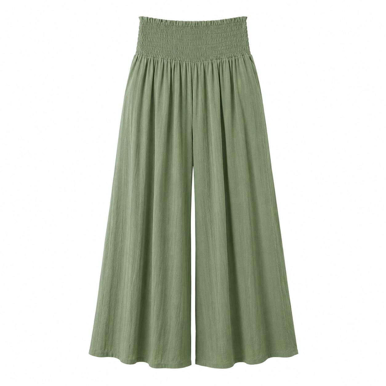 YULVET Pantalón palazzo fluido de tiro alto con cintura elástica fruncida y pernera ancha con caída ligera