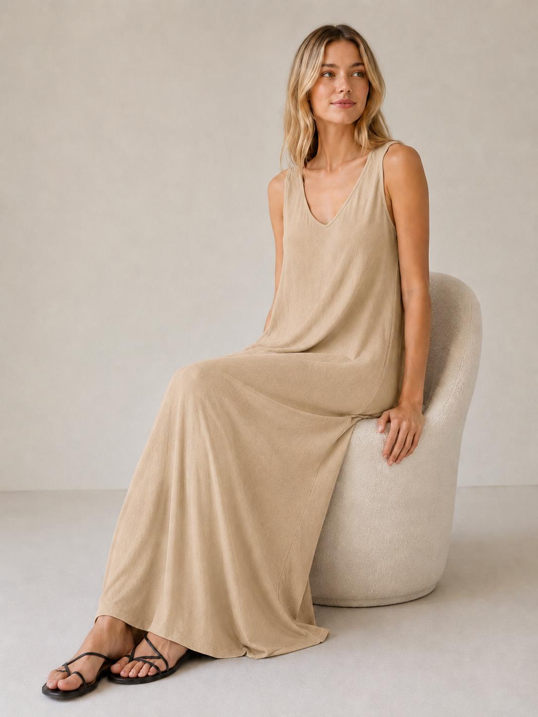 YULVET vestido largo fluido sin mangas con escote en pico y bolsillos laterales de estilo cómodo y elegante