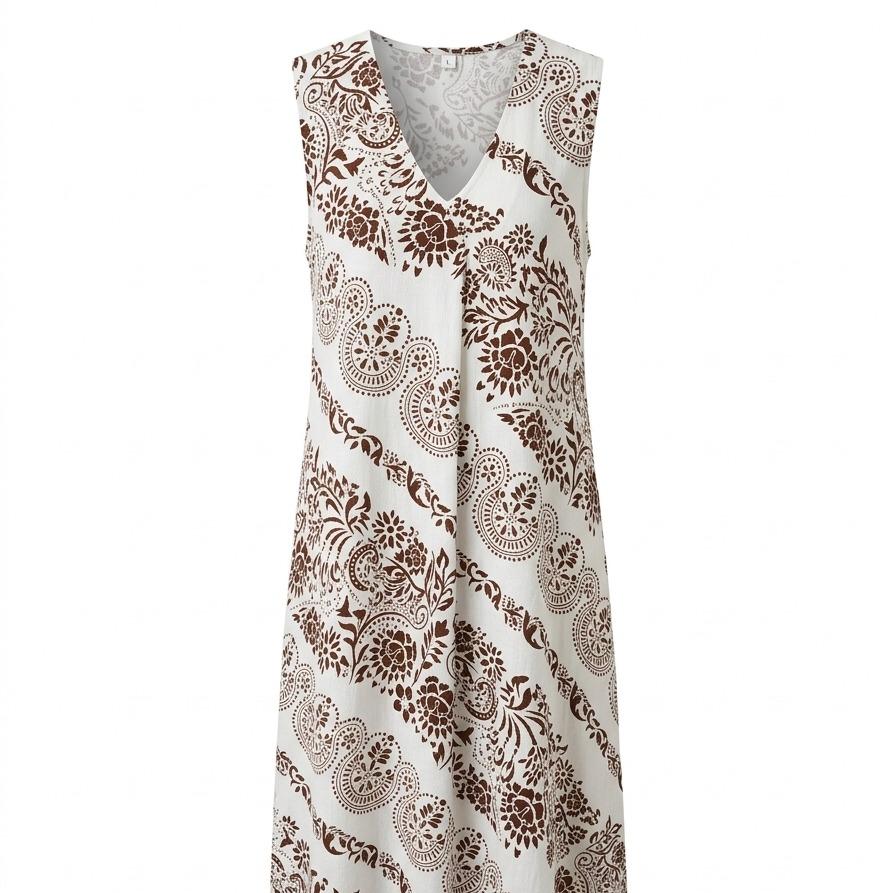 Vestido  estampado  estilo boho con escote en V, corte fluido y tejido ligero ideal para verano, diseño cómodo y elegante perfecto para looks casuales o vacaciones