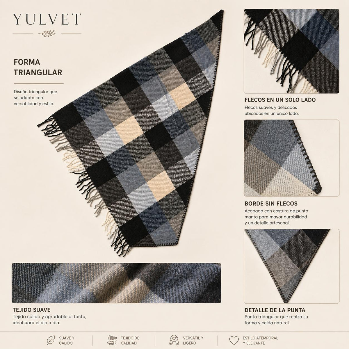 YULVET Pañuelo Triangular para Mujer de con Flecos en un Solo Lado, Bufanda Suave de Diseño Asimétrico y Caída Natural para Llevar al Cuello o como Chal sobre los Hombros