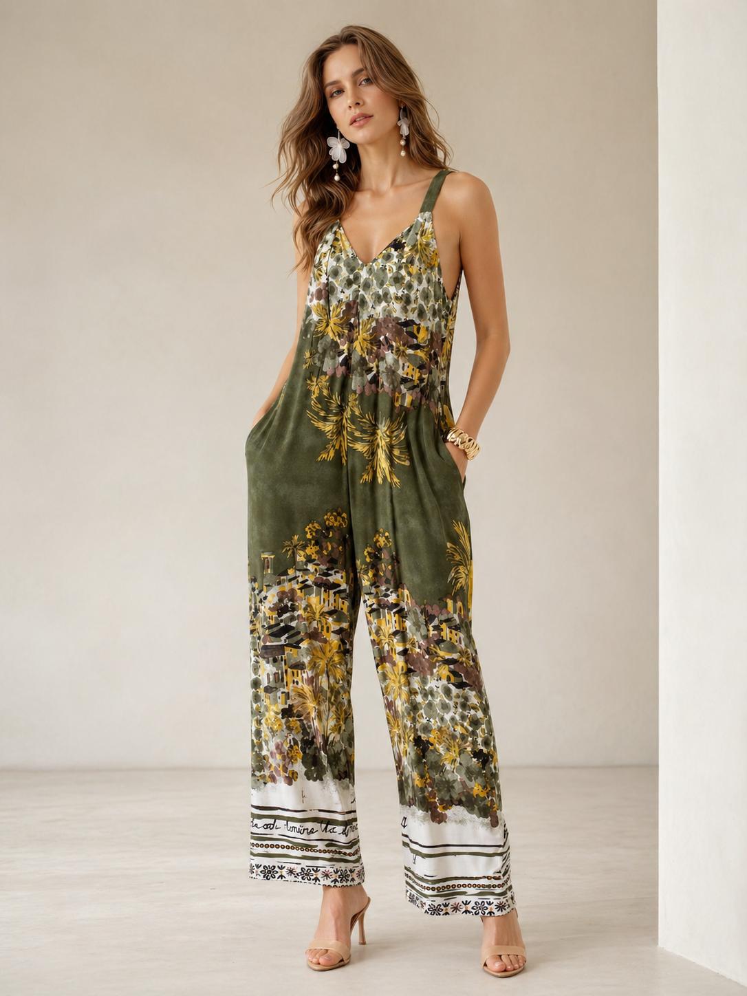 Mono largo fluido estampado estilo artístico con tirantes anchos, escote en pico y pernera amplia con bolsillos laterales
