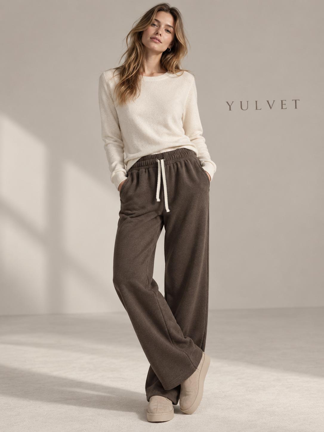 YULVET Pantalón de Mujer con Interior Afelpado, Corte Recto Holgado, Cintura Elástica con Cordón Ajustable y Bolsillos Laterales, Tejido Suave y Flexible