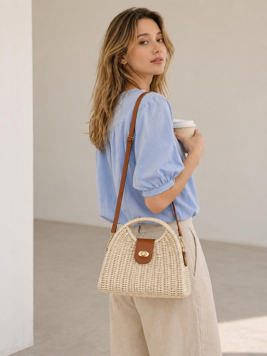 YULVET Bolso Trenzado de Diseño Natural con Asa Redonda y Correa de Cuero Chic