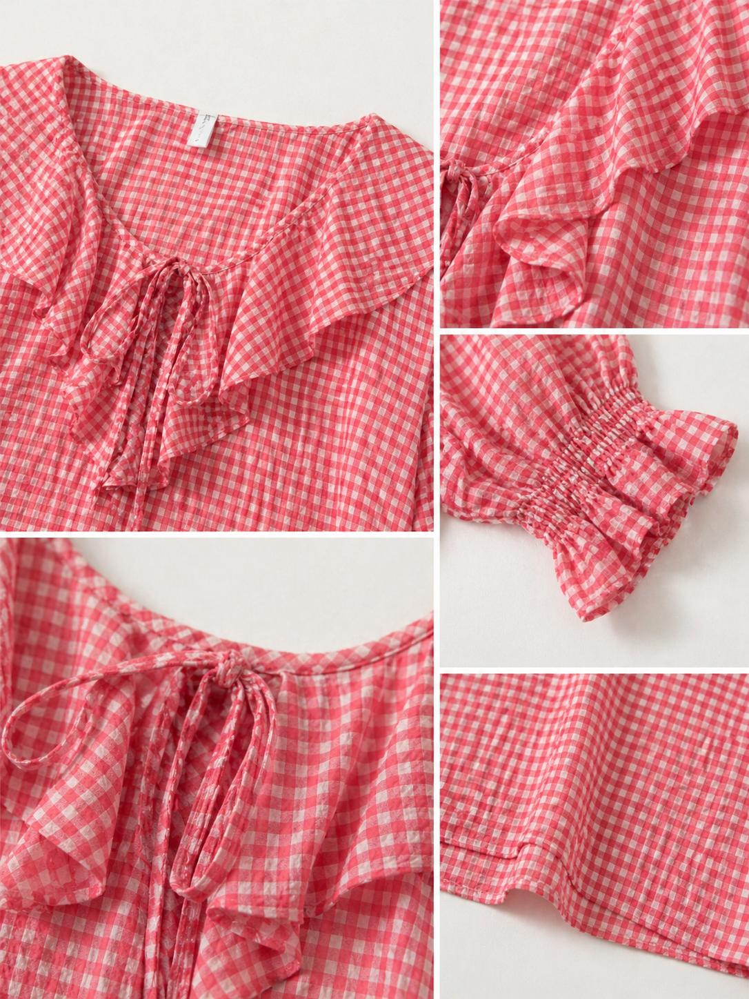 YULVET Blusa de cuadros vichy con volantes románticos y escote ajustable estilo boho veraniego
