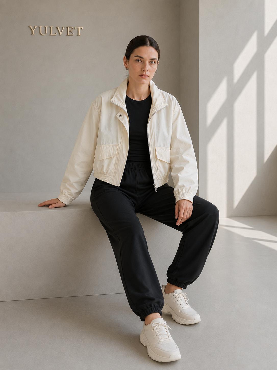 YULVET Chaqueta Ligera de Mujer con Cuello Alto, Cierre Frontal, Bolsillos Amplios, Puños Elásticos y Diseño Casual de Entretiempo