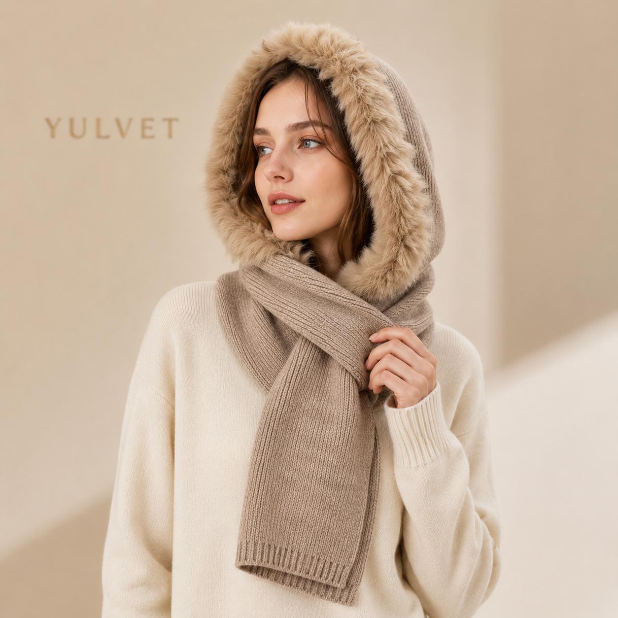 YULVET Bufanda Capucha 2 en 1 para Mujer con Borde de Pelo Suave, Tejido de Punto Cálido y Diseño Versátil para Otoño e Invierno