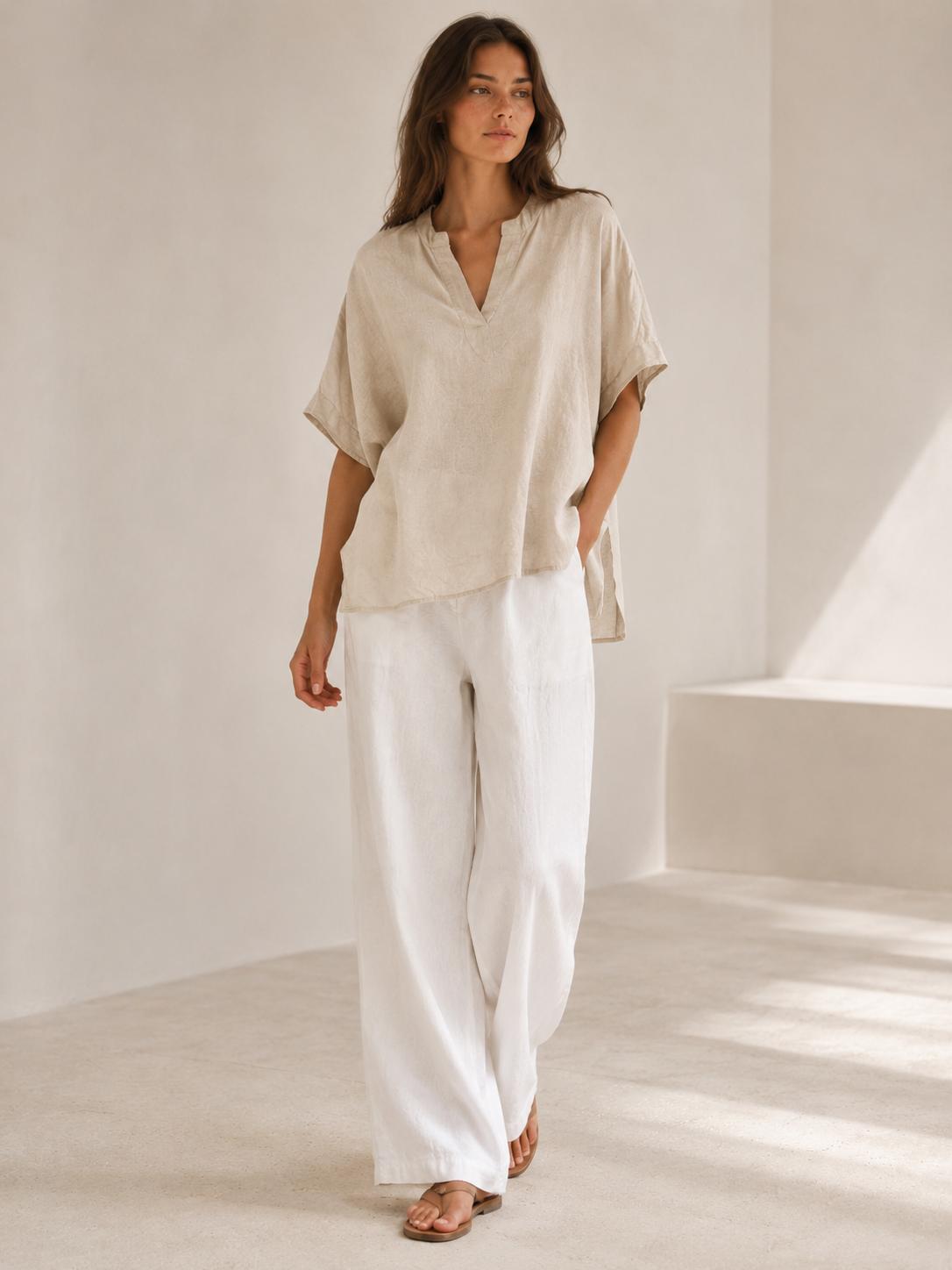 YULVET Blusa amplia de lino 100% con cuello mao, escote en pico y manga corta estilo oversize