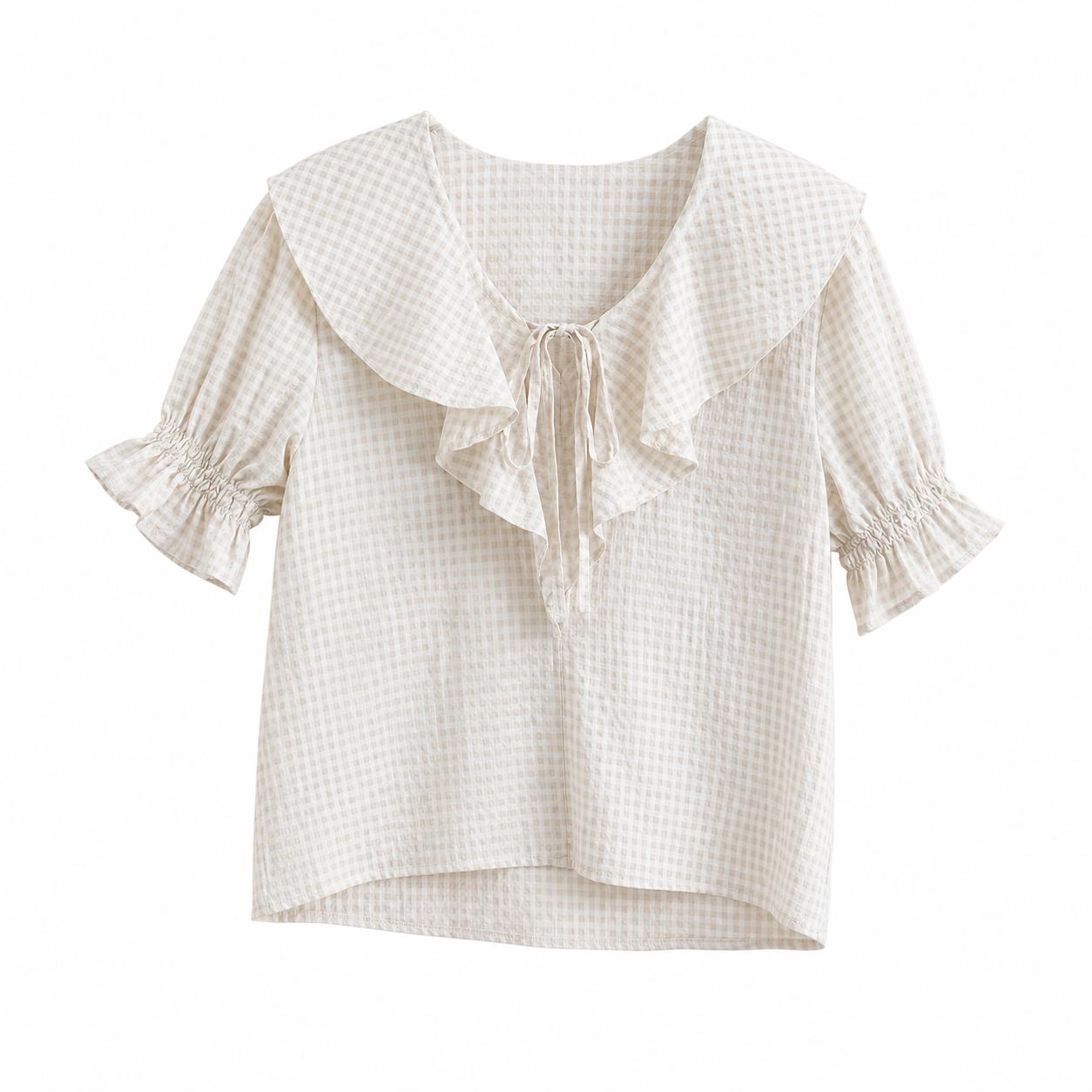 YULVET Blusa de cuadros vichy con volantes románticos y escote ajustable estilo boho veraniego