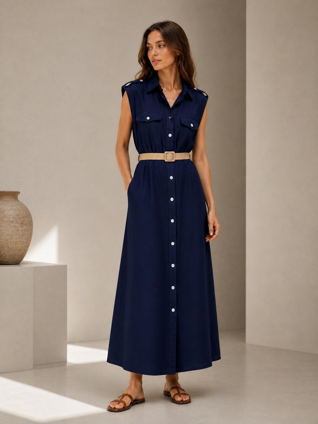 YULVET vestido camisero largo sin mangas con cinturón incluido, botones delanteros y bolsillos en el pecho, diseño fluido y elegante para looks cómodos de temporada