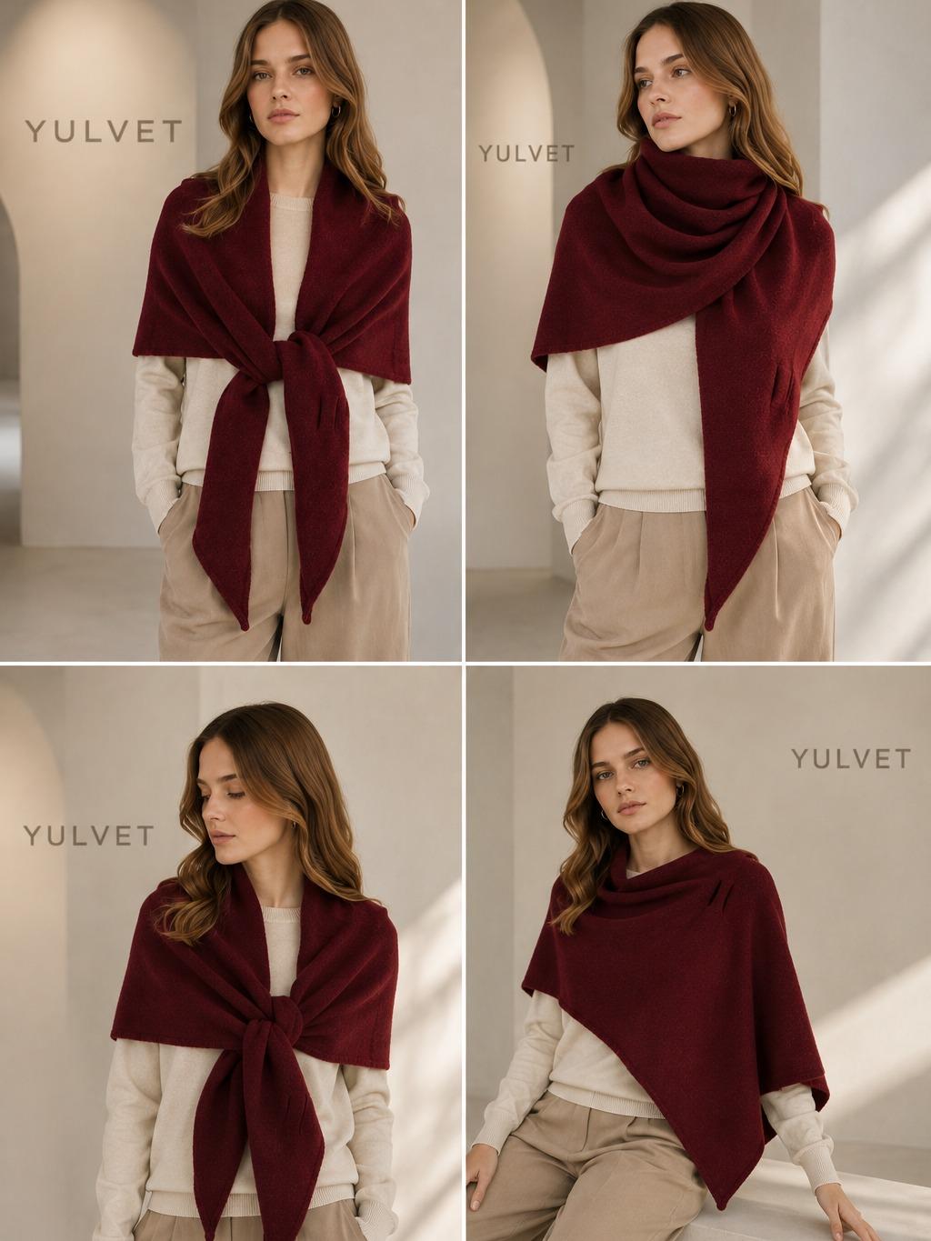 YULVET Chal Triangular para Mujer de 100% Poliéster con Abertura Pasante y Puntas Alargadas, Textura Suave y Caída Natural, Pañuelo Envolvente Versátil para Llevar como Bufanda o Estola