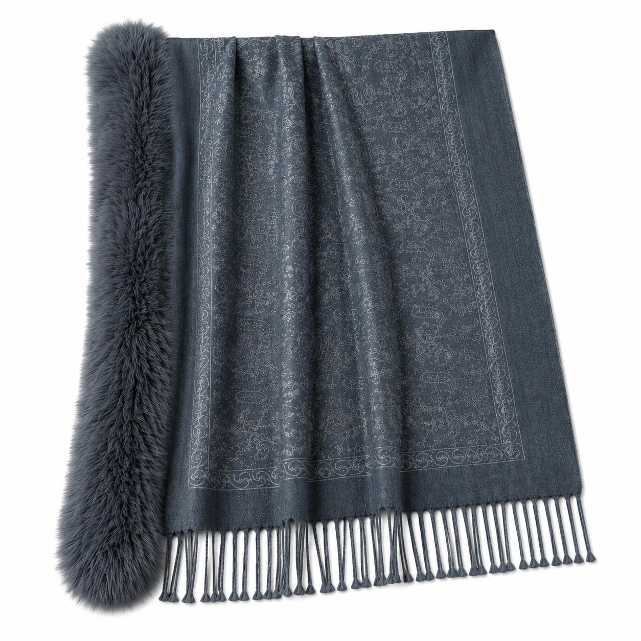 YULVET Chal con cuello de pelo sintético de gran volumen, tejido jacquard con acabado elegante, flecos decorativos y diseño envolvente para otoño e invierno