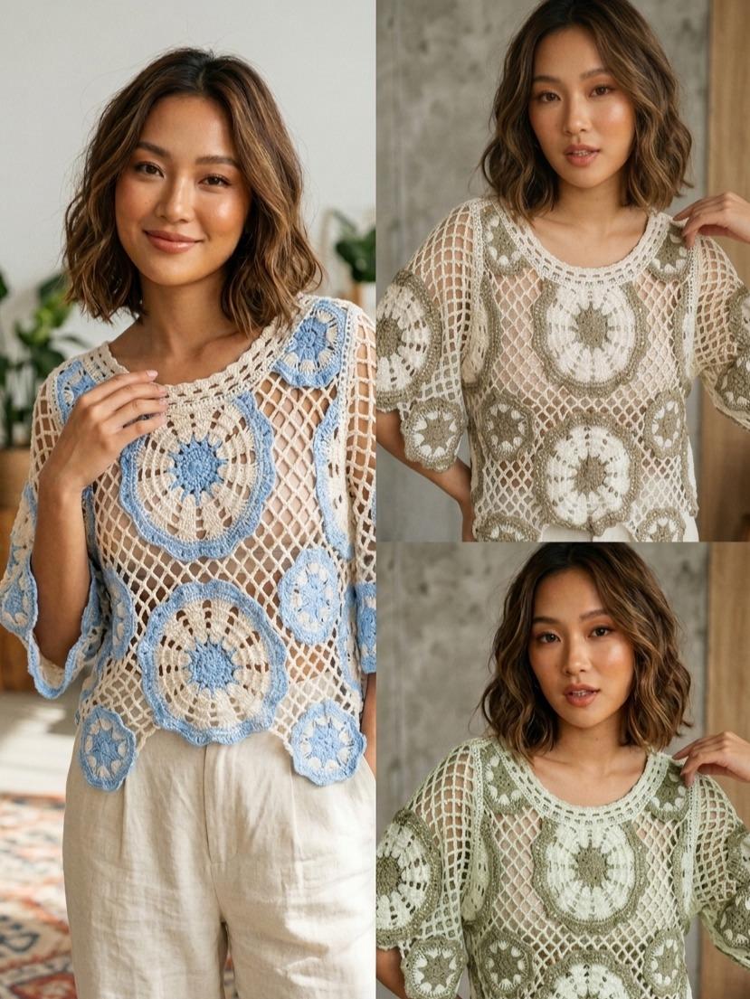YULVET Top de Crochet Calado con Diseño Floral Estilo Boho Chic