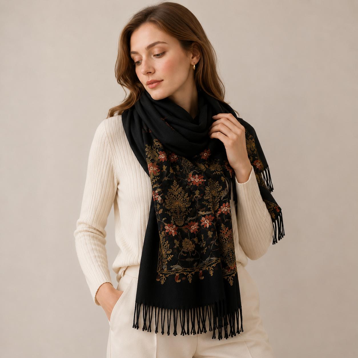 YULVET Bufanda de punto suave con estampado ornamental tipo jacquard, acabado elegante con flecos y diseño versátil para otoño e invierno