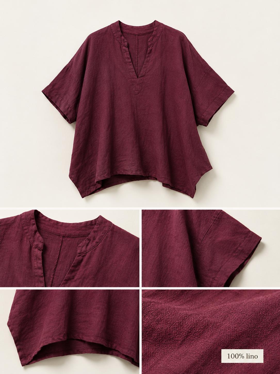 YULVET Blusa amplia de lino 100% con cuello mao, escote en pico y manga corta estilo oversize
