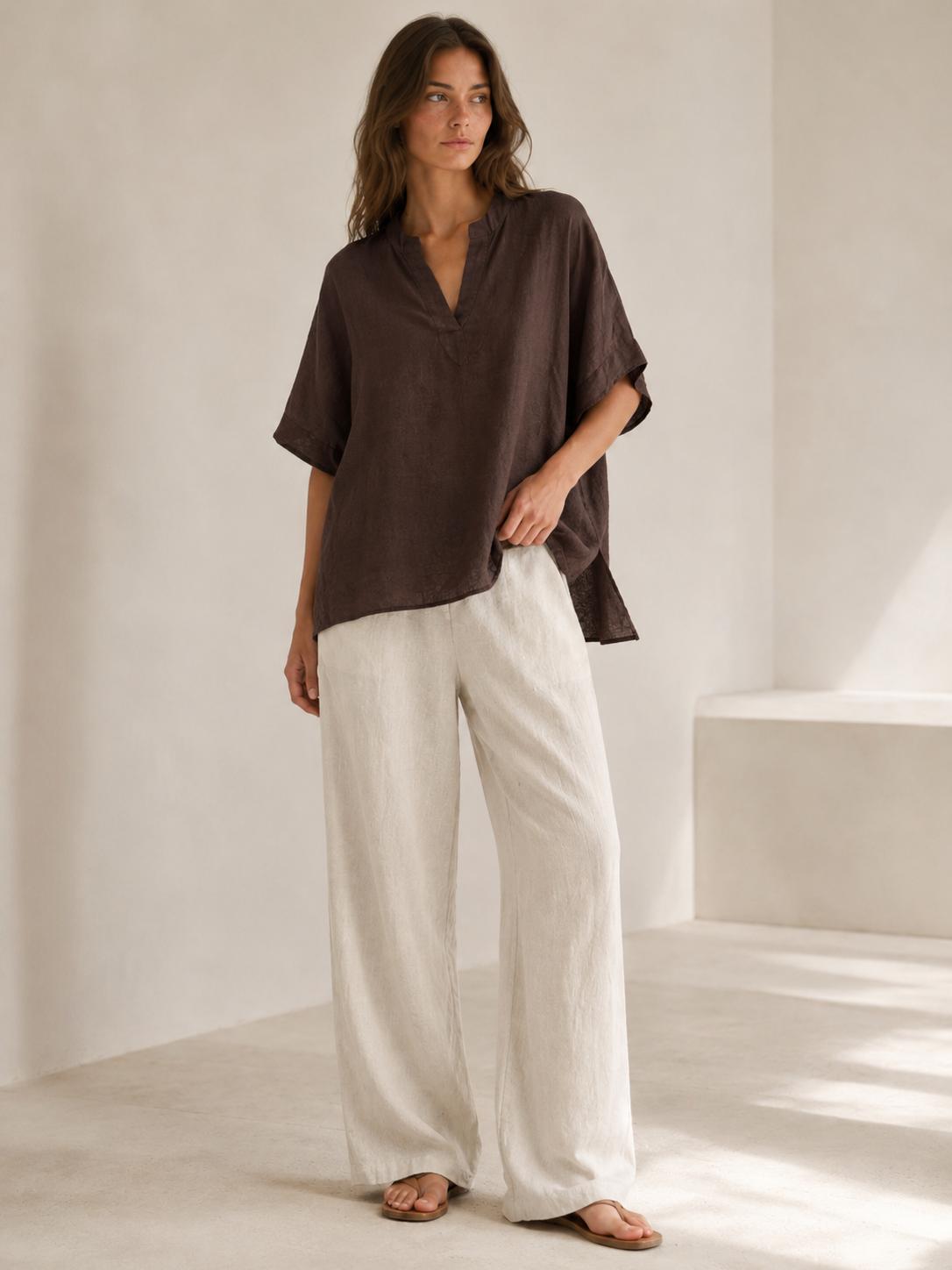 YULVET Blusa amplia de lino 100% con cuello mao, escote en pico y manga corta estilo oversize