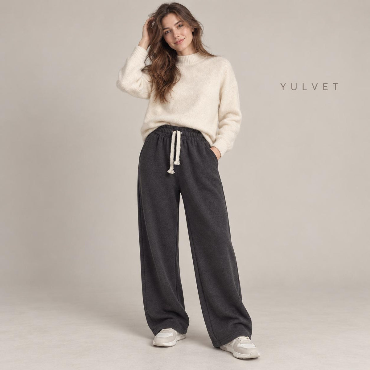 YULVET Pantalón de Mujer con Interior Afelpado, Corte Recto Holgado, Cintura Elástica con Cordón Ajustable y Bolsillos Laterales, Tejido Suave y Flexible