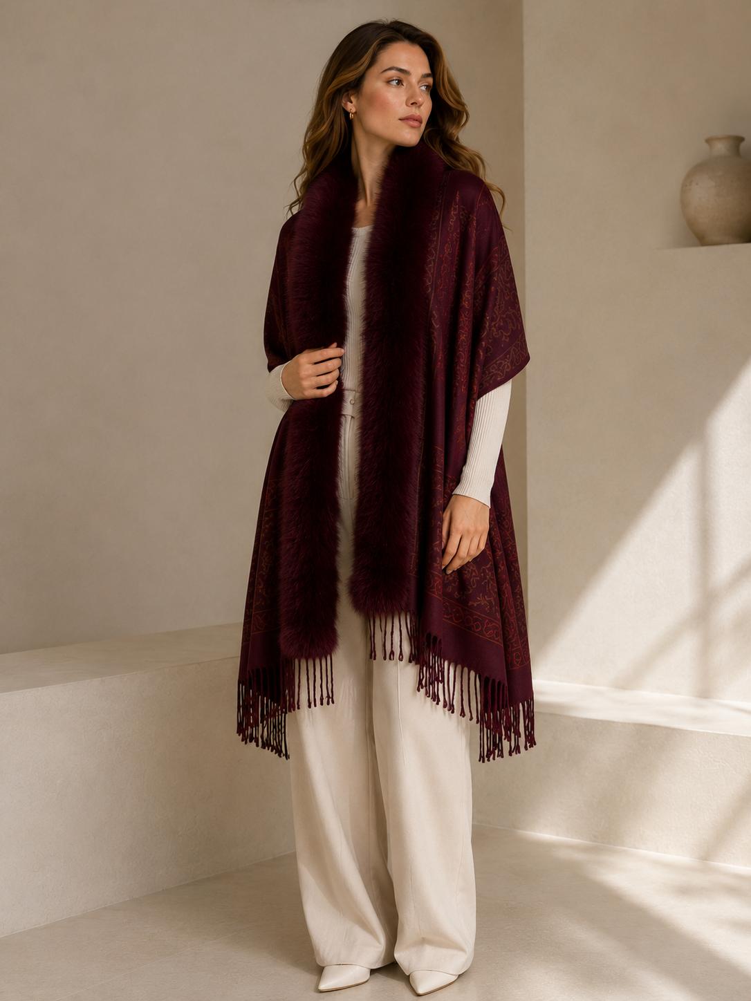 YULVET Chal con cuello de pelo sintético de gran volumen, tejido jacquard con acabado elegante, flecos decorativos y diseño envolvente para otoño e invierno