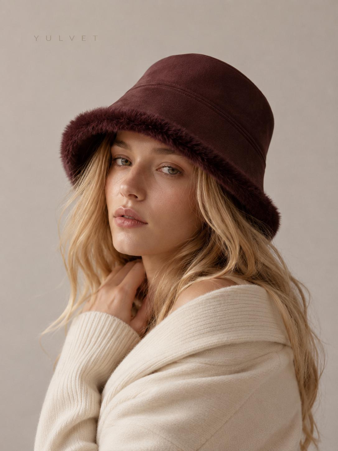 YULVET Sombrero Reversible de Mujer Tipo Bucket con Acabado Efecto Ante y Reverso de Pelo Suave, Gorro de Pescador de Copa Baja y Ala Caída para Otoño e Invierno