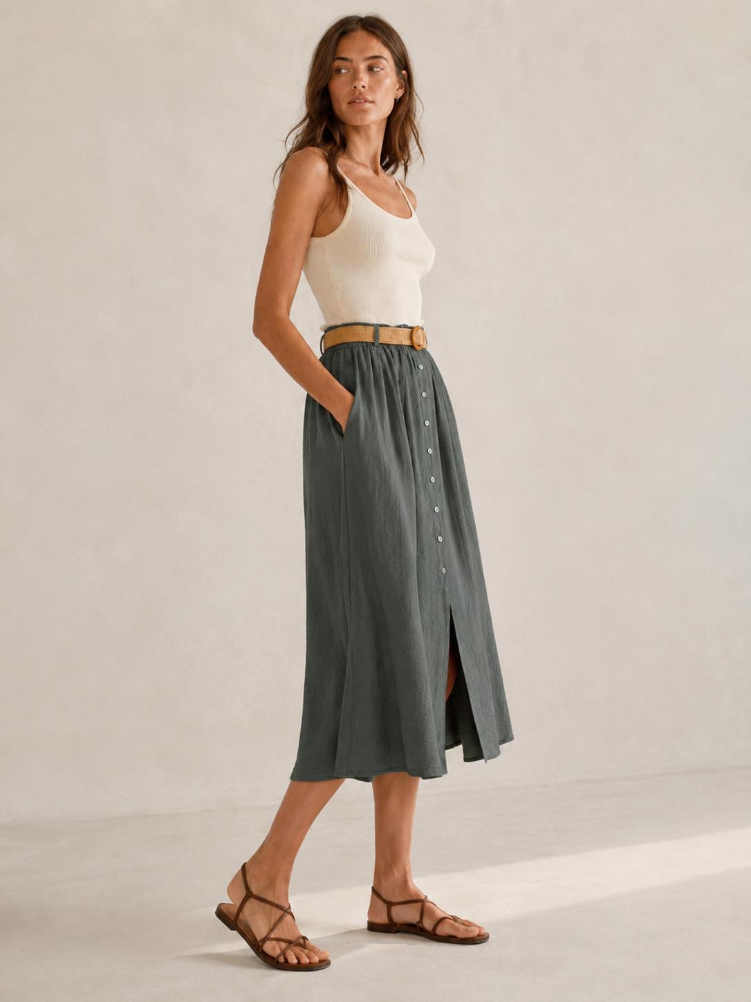 YULVET Falda midi fluida con cinturón trenzado, cintura elástica y detalle de botones delanteros
