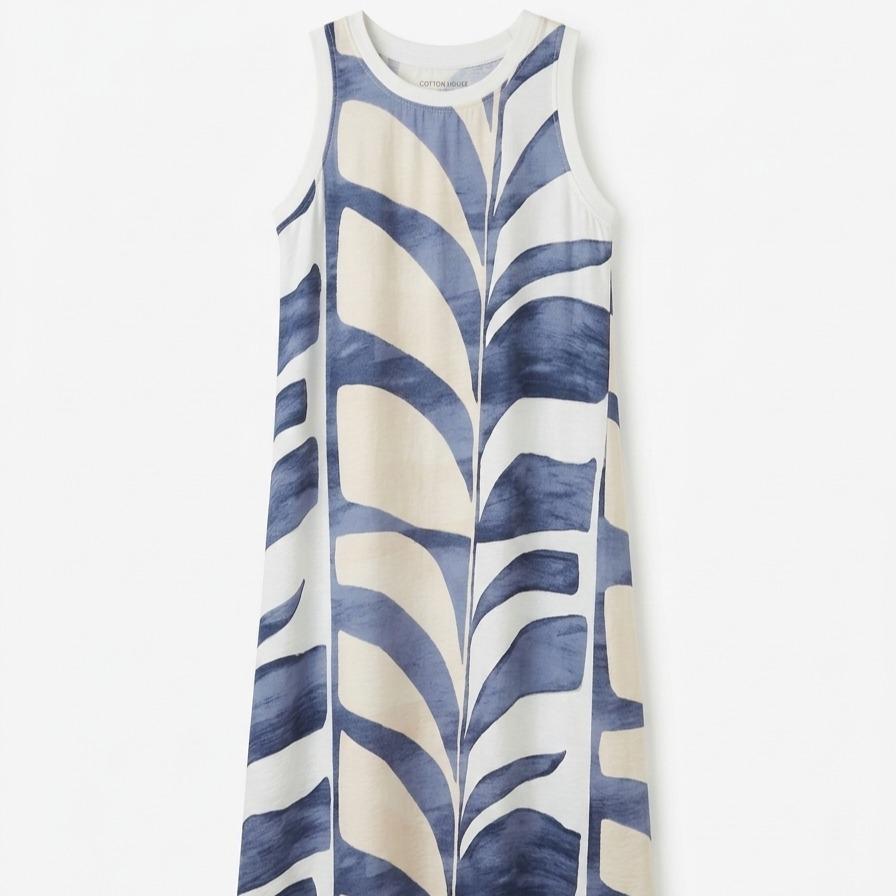 Vestido estampado  con cuello redondo sin mangas, corte amplio fluido estilo elegante casual y tejido ligero ideal para verano