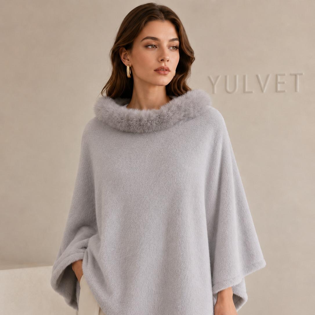 YULVET Poncho de Mujer con Cuello de Pelo Suave, Capa Elegante de Viscosa con Caída Fluida, Tacto Agradable y Diseño Versátil para Otoño e Invierno