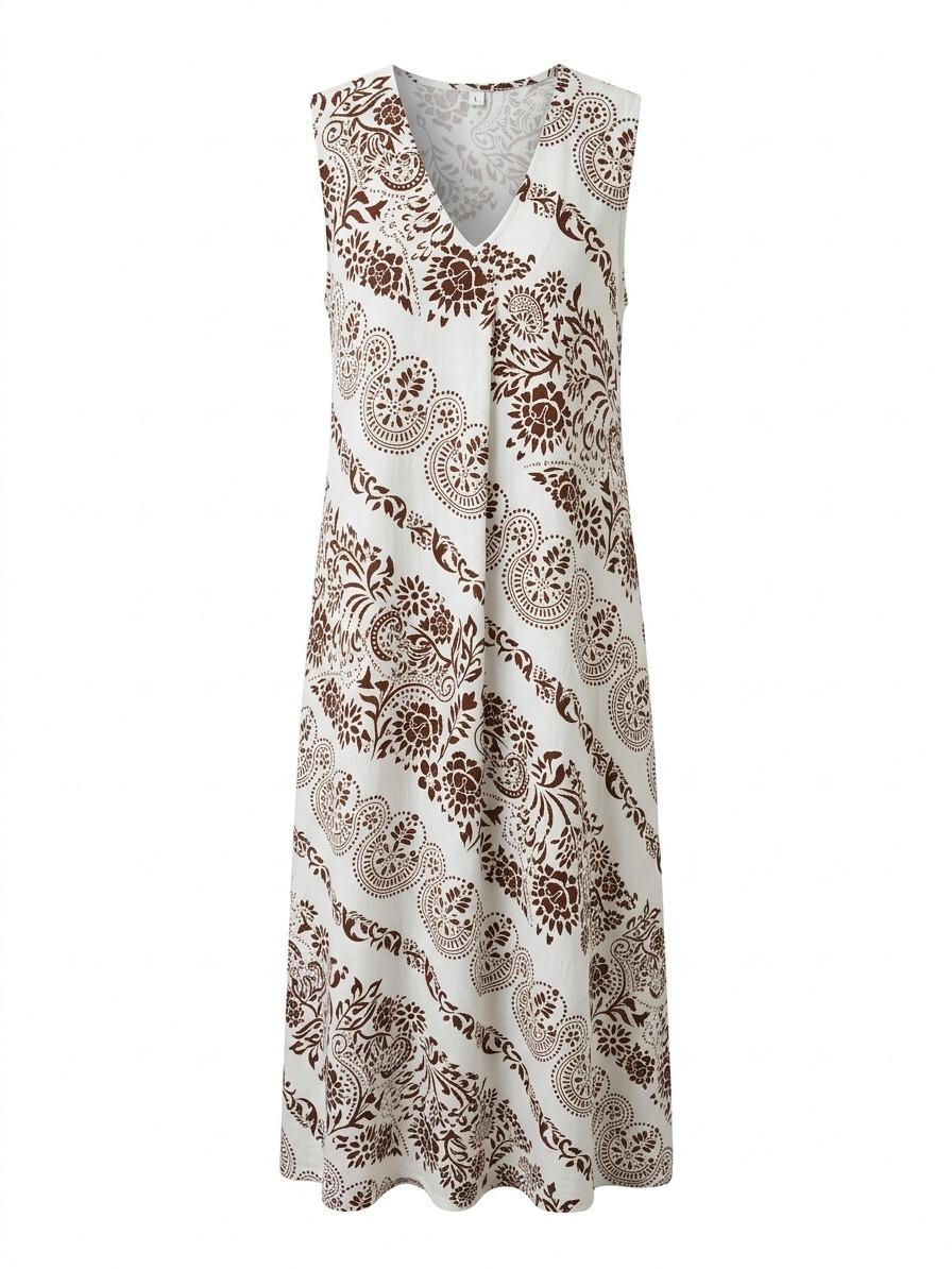 Vestido  estampado  estilo boho con escote en V, corte fluido y tejido ligero ideal para verano, diseño cómodo y elegante perfecto para looks casuales o vacaciones