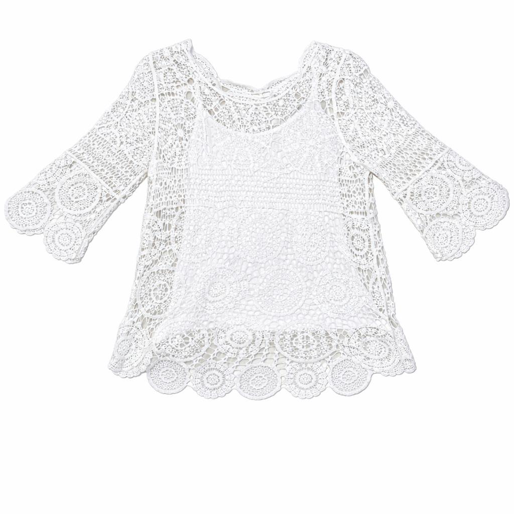 YULVET Blusa de encaje crochet floral con manga francesa acampanada y bajo ondulado en acabado calado elegante