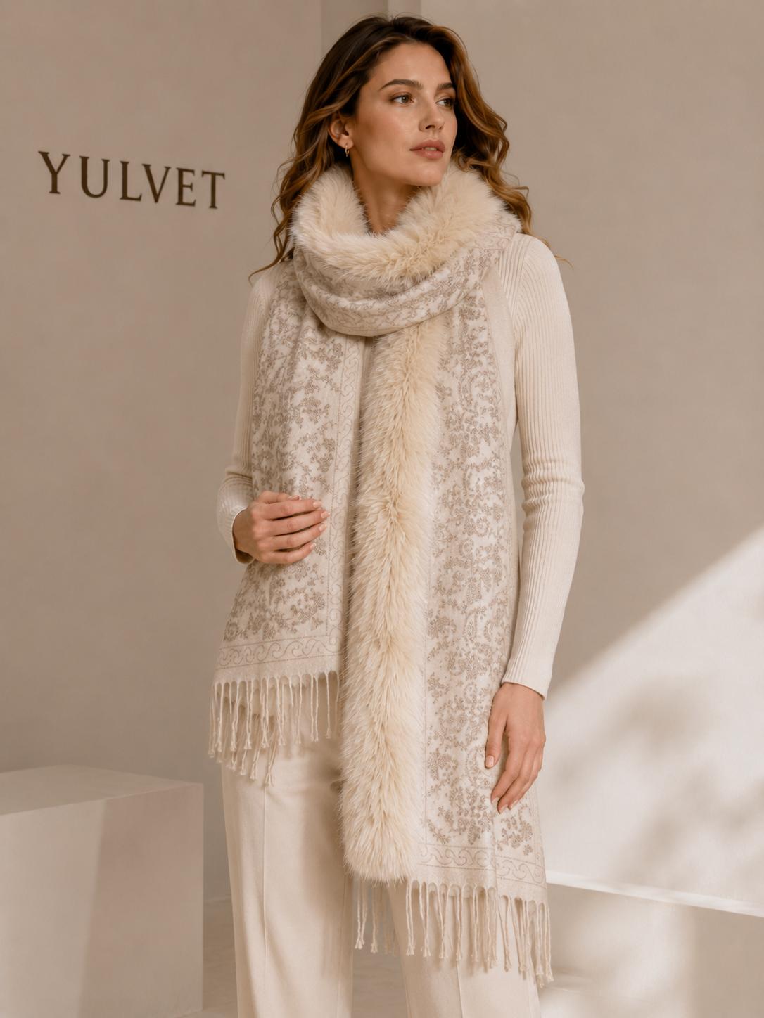 YULVET Chal con cuello de pelo sintético de gran volumen, tejido jacquard con acabado elegante, flecos decorativos y diseño envolvente para otoño e invierno
