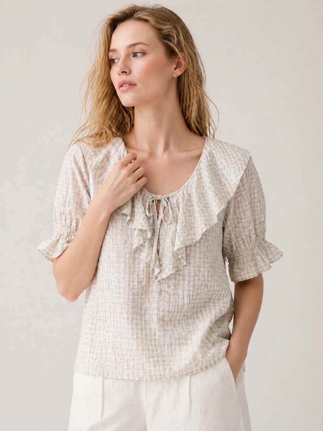 YULVET Blusa de cuadros vichy con volantes románticos y escote ajustable estilo boho veraniego