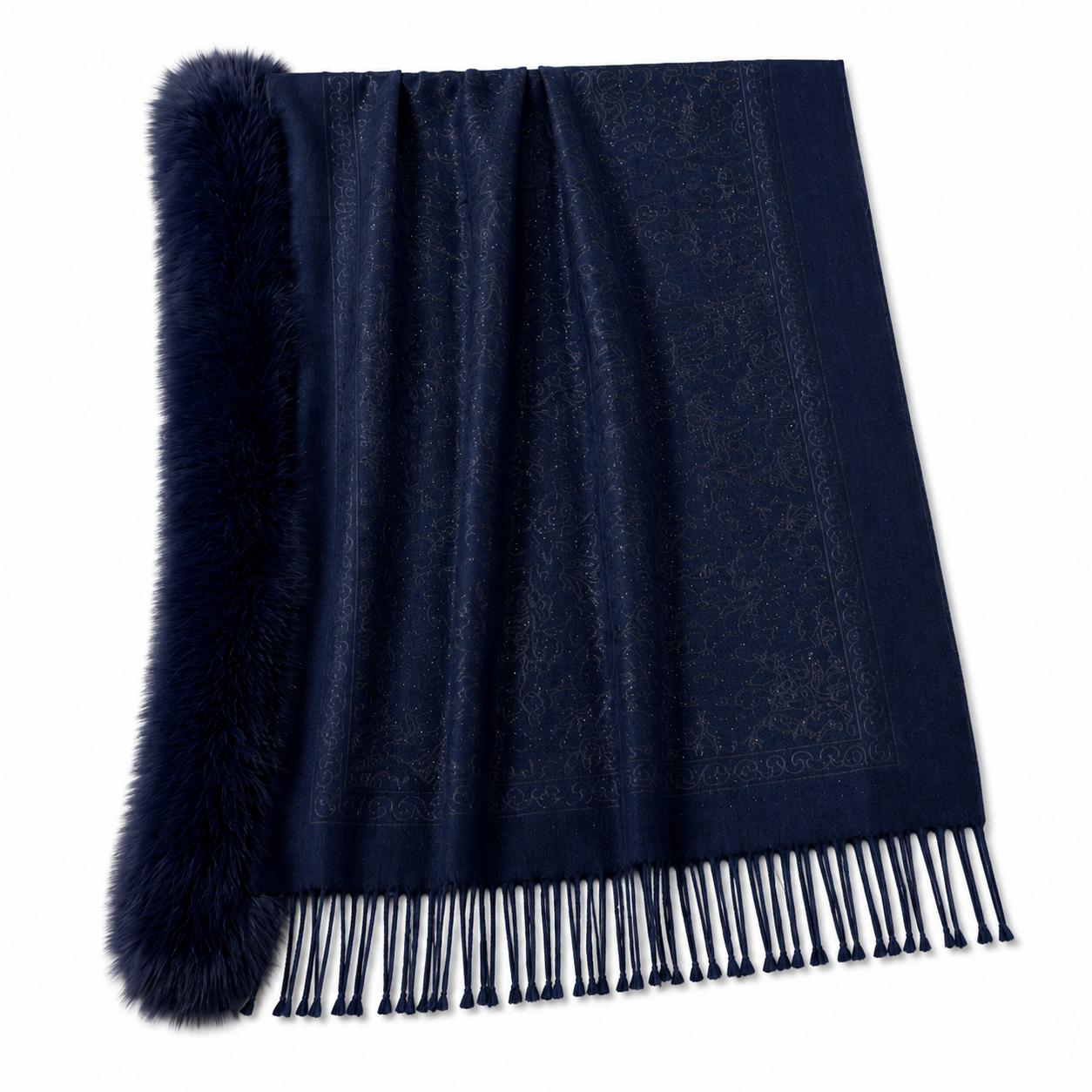 YULVET Chal con cuello de pelo sintético de gran volumen, tejido jacquard con acabado elegante, flecos decorativos y diseño envolvente para otoño e invierno
